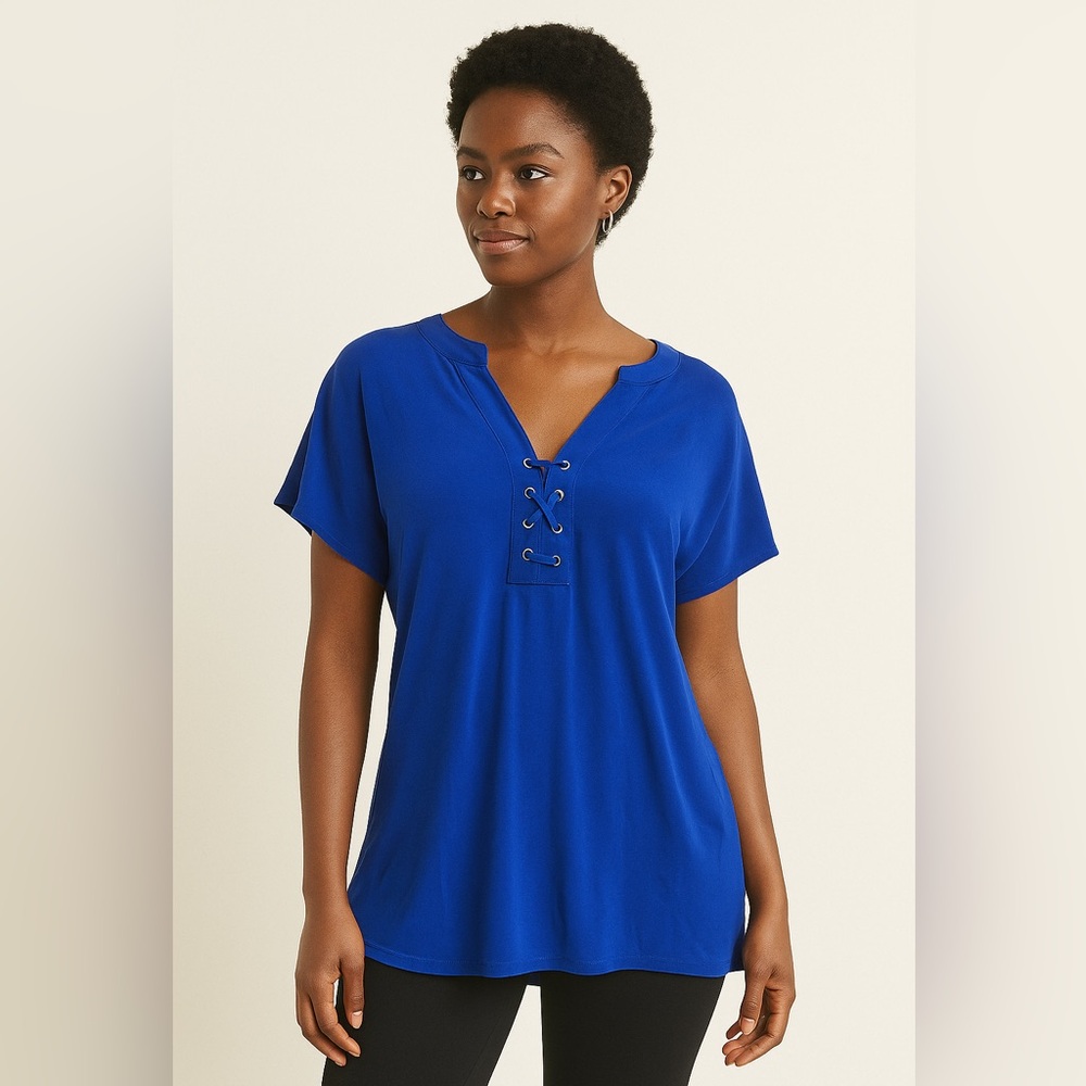 PerSeption Concept Royal Blue Gold Grommet Lace Up V-Neck‎ Tunic Top L NWOT